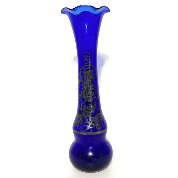 Vintage COBALT BLUE Hand Blown Gilded Art Glass Bud Vase Genie Bottle 8 in Tall - Picture 4 of 12